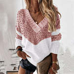 V-neck colorblock leopard print sweater