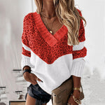 V-neck colorblock leopard print sweater