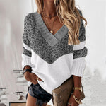 V-neck colorblock leopard print sweater