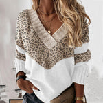 V-neck colorblock leopard print sweater