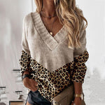 V-neck colorblock leopard print sweater