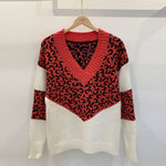 V-neck colorblock leopard print sweater