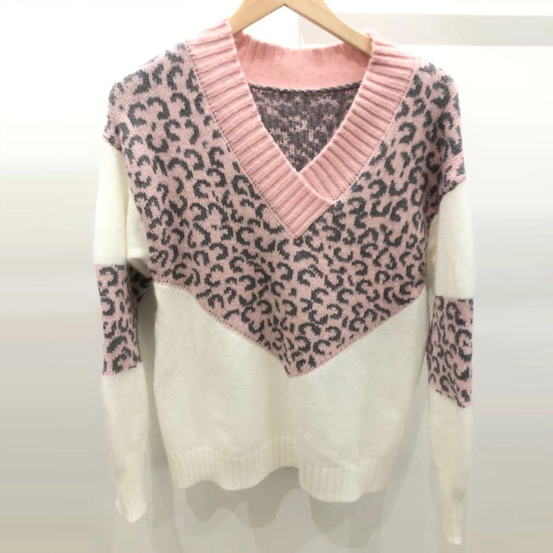 V-neck colorblock leopard print sweater