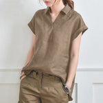 Elegant Loose V-neck Cotton Linen Short Sleeve Shirt