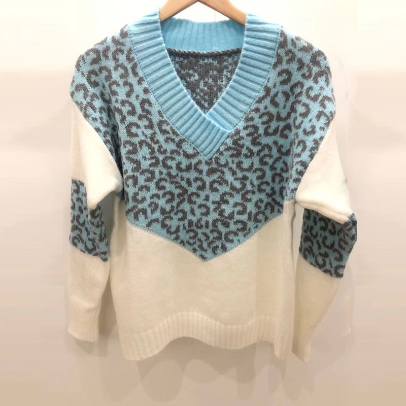 V-neck colorblock leopard print sweater