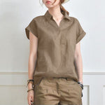 Elegant Loose V-neck Cotton Linen Short Sleeve Shirt