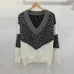 V-neck colorblock leopard print sweater