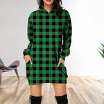 Printed Plaid Midi Pocket Hooded Long Sleeve Sweatshirt