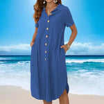 Lapel Single-breasted Cotton And Linen Short-sleeve Dress