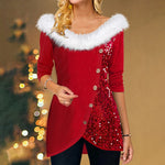 Christmas Top with Sequins and Fur Collar
