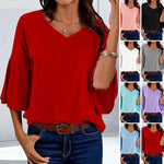 Women's Solid Color V-Neck Flared Sleeve Loose T-Shirt