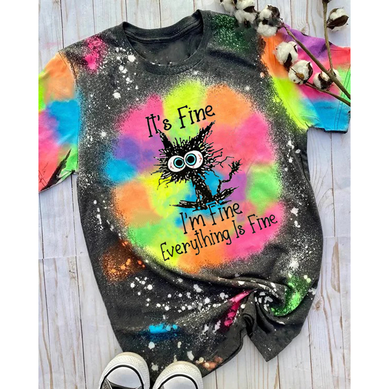 Everything Is Fine Funny Cat Graphic Casual T-Shirt