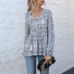 Women's Long-sleeved Printed V-neck Fringed Shirt