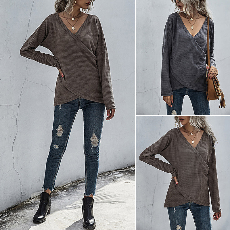 Irregular Long Sleeve V-Neck Knit Sweater