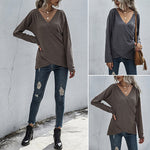 Irregular Long Sleeve V-Neck Knit Sweater