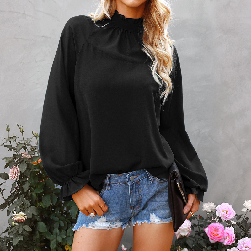 Ladies Chiffon Solid Color Loose Long Sleeve T-Shirt