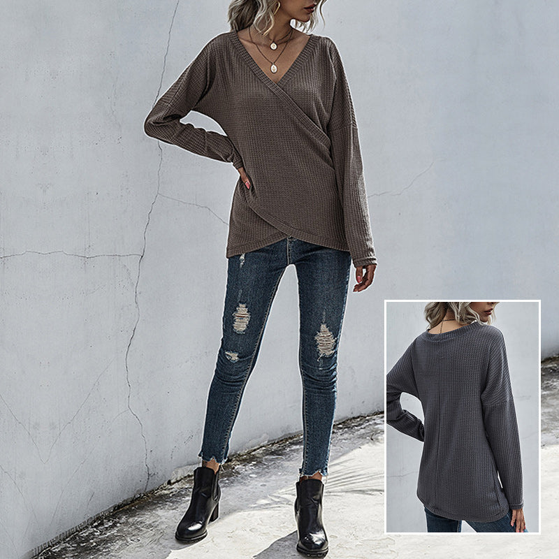 Irregular Long Sleeve V-Neck Knit Sweater
