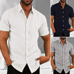 Men's Solid Color Linen Short Sleeve Button Down Shirt