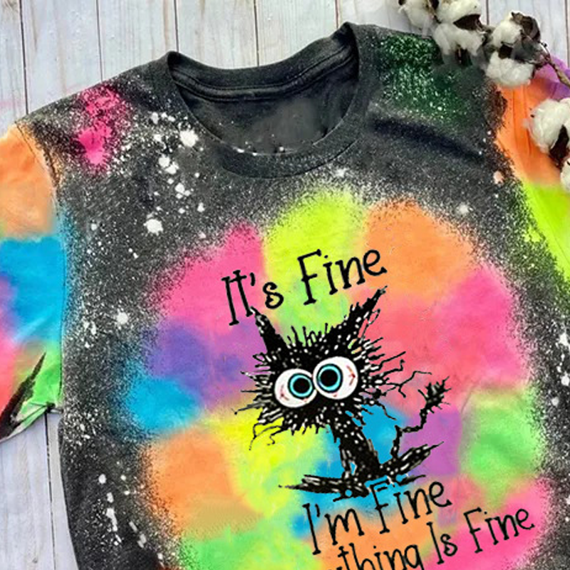 Everything Is Fine Funny Cat Graphic Casual T-Shirt