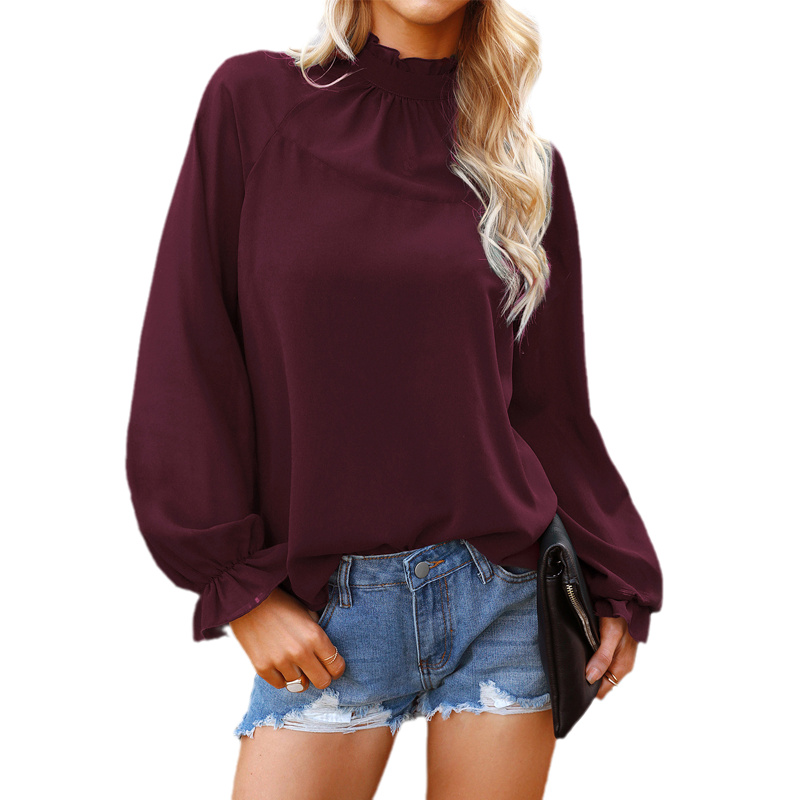 Ladies Chiffon Solid Color Loose Long Sleeve T-Shirt