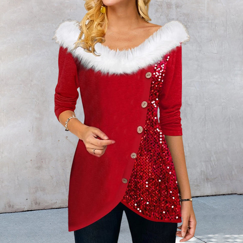 Christmas Top with Sequins and Fur Collar