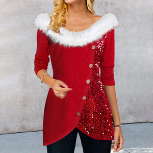 Christmas Top with Sequins and Fur Collar