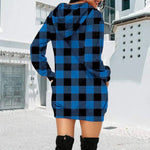 Printed Plaid Midi Pocket Hooded Long Sleeve Sweatshirt
