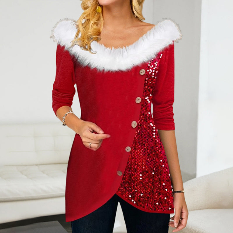 Christmas Top with Sequins and Fur Collar