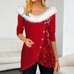 Christmas Top with Sequins and Fur Collar