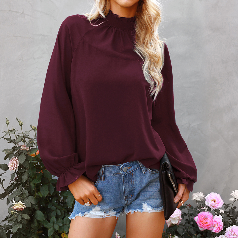 Ladies Chiffon Solid Color Loose Long Sleeve T-Shirt