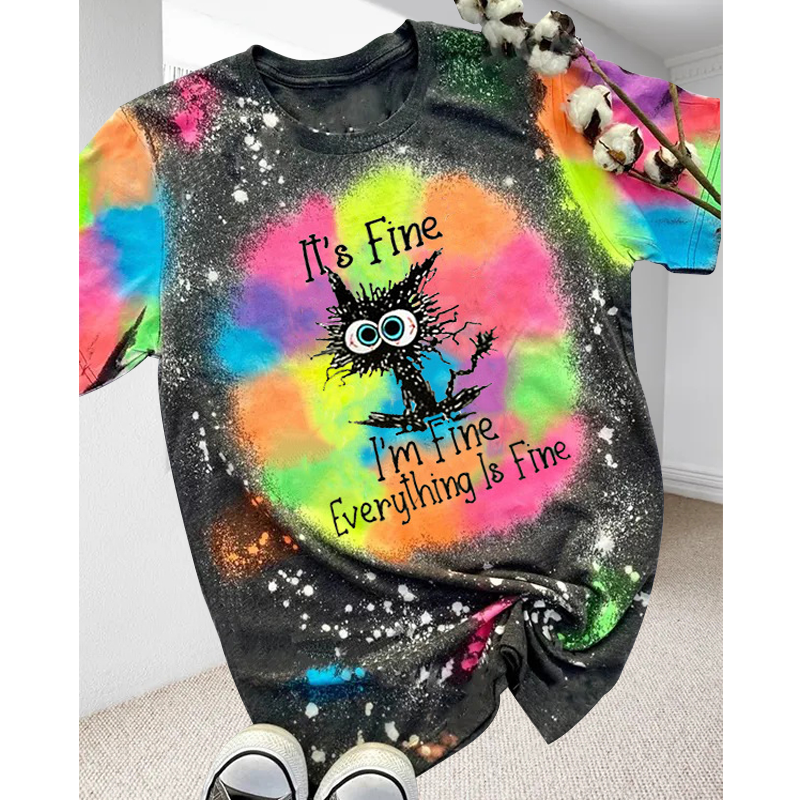 Everything Is Fine Funny Cat Graphic Casual T-Shirt