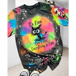 Everything Is Fine Funny Cat Graphic Casual T-Shirt