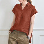 Elegant Loose V-neck Cotton Linen Short Sleeve Shirt
