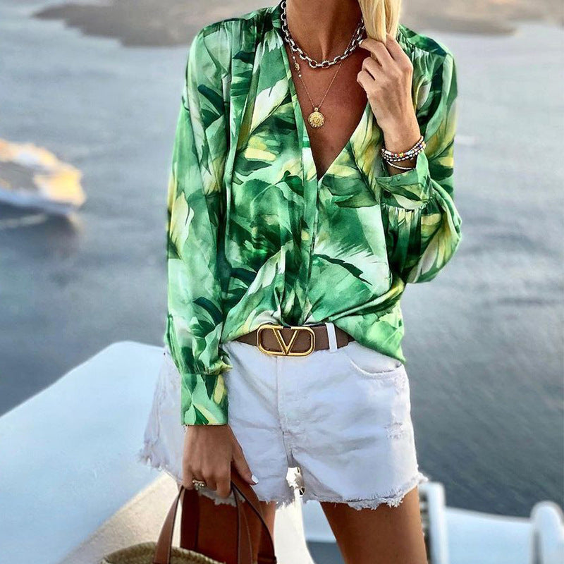 Printed V-Neck Long Sleeve T-Shirt