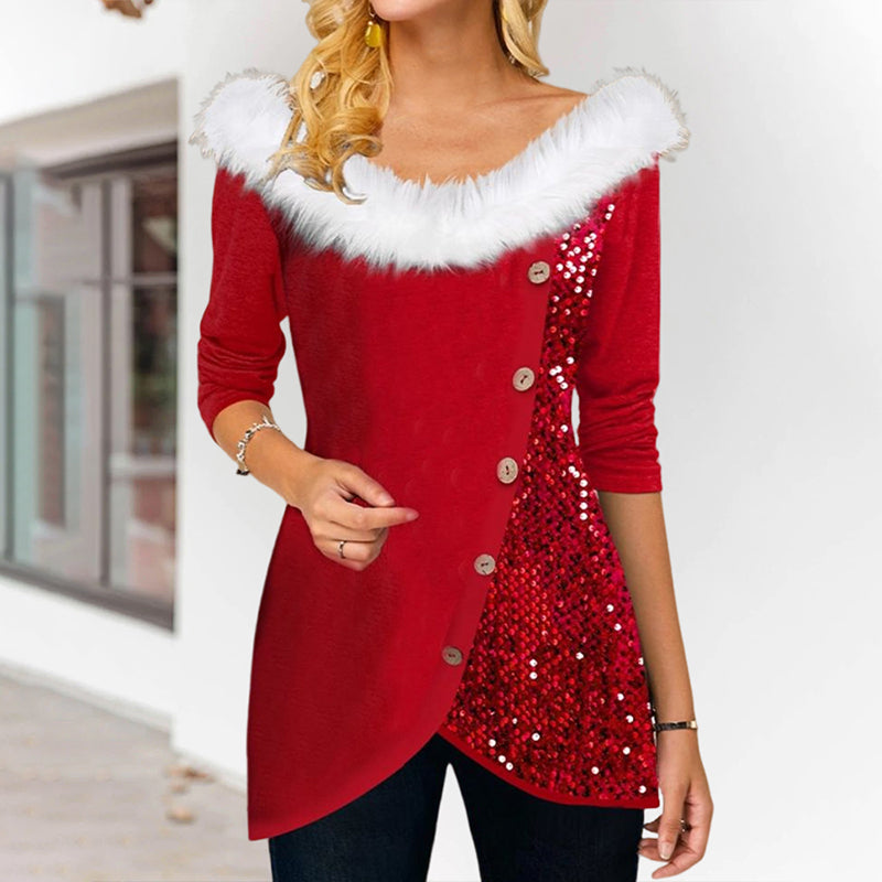Christmas Top with Sequins and Fur Collar