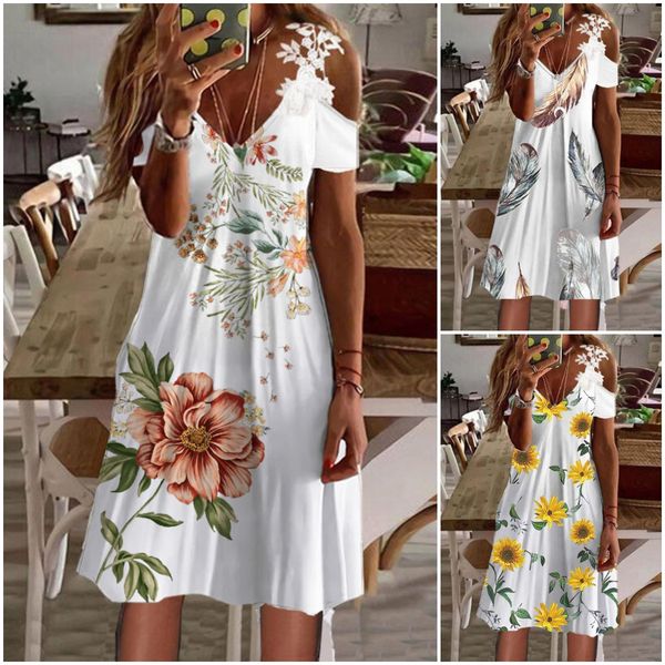 Lace Print Short Sleeve A-Line Knee Length Resort Dress