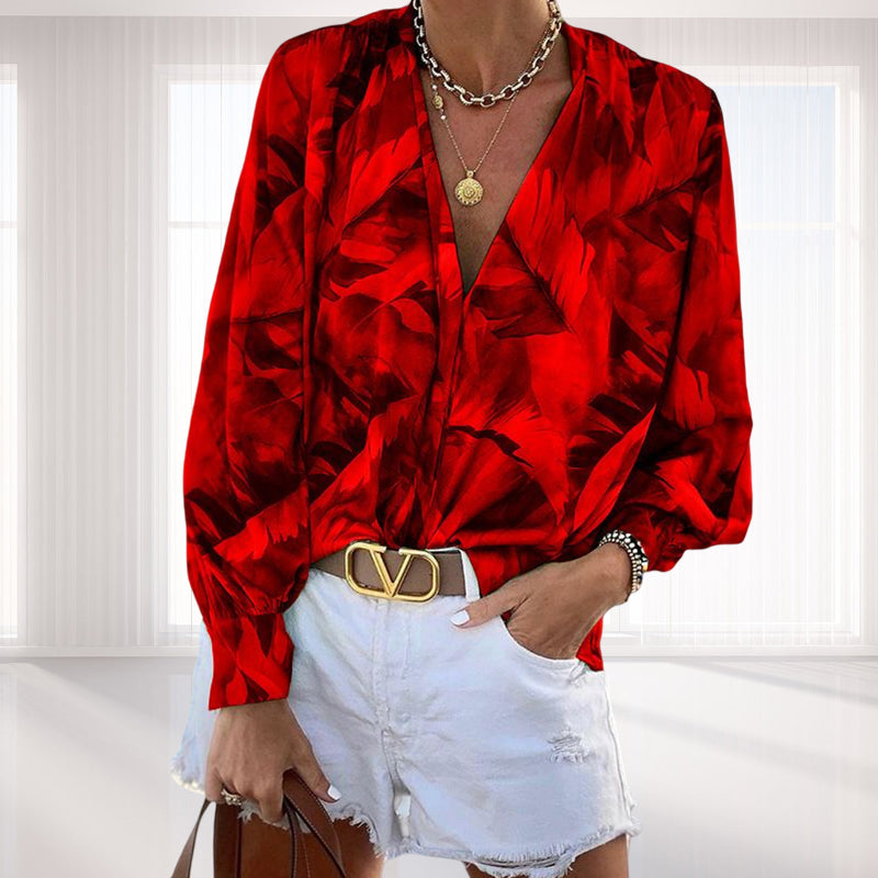 Printed V-Neck Long Sleeve T-Shirt