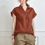 Elegant Loose V-neck Cotton Linen Short Sleeve Shirt