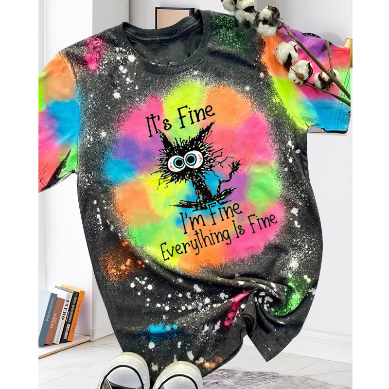 Everything Is Fine Funny Cat Graphic Casual T-Shirt
