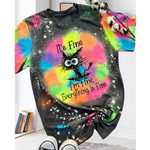 Everything Is Fine Funny Cat Graphic Casual T-Shirt