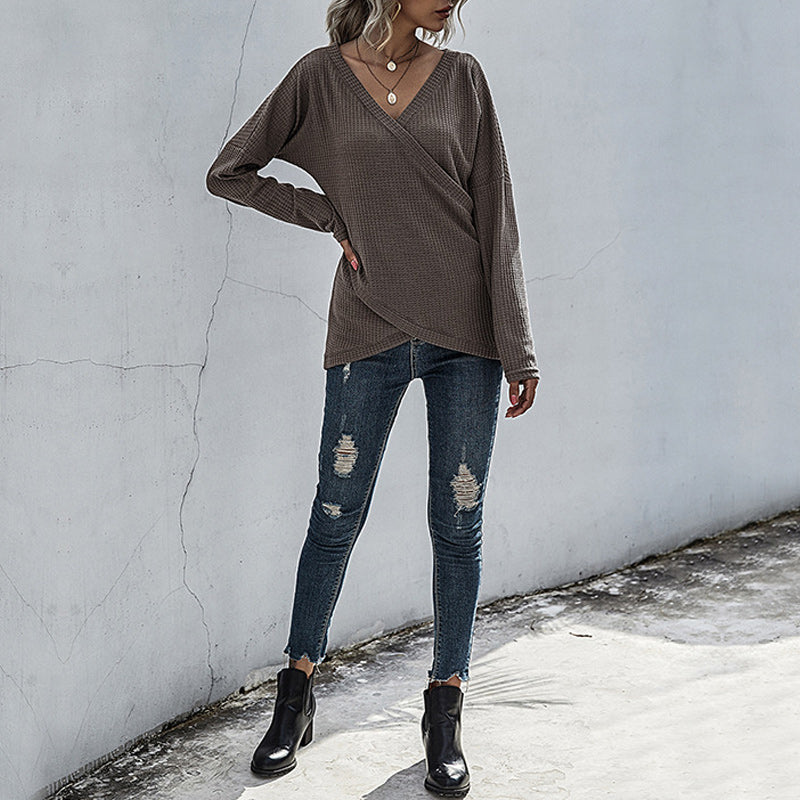 Irregular Long Sleeve V-Neck Knit Sweater