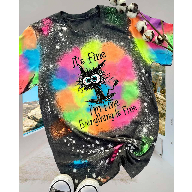 Everything Is Fine Funny Cat Graphic Casual T-Shirt