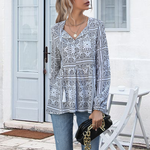 Women's Long-sleeved Printed V-neck Fringed Shirt