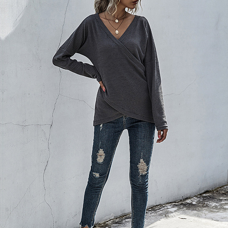 Irregular Long Sleeve V-Neck Knit Sweater