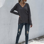 Irregular Long Sleeve V-Neck Knit Sweater