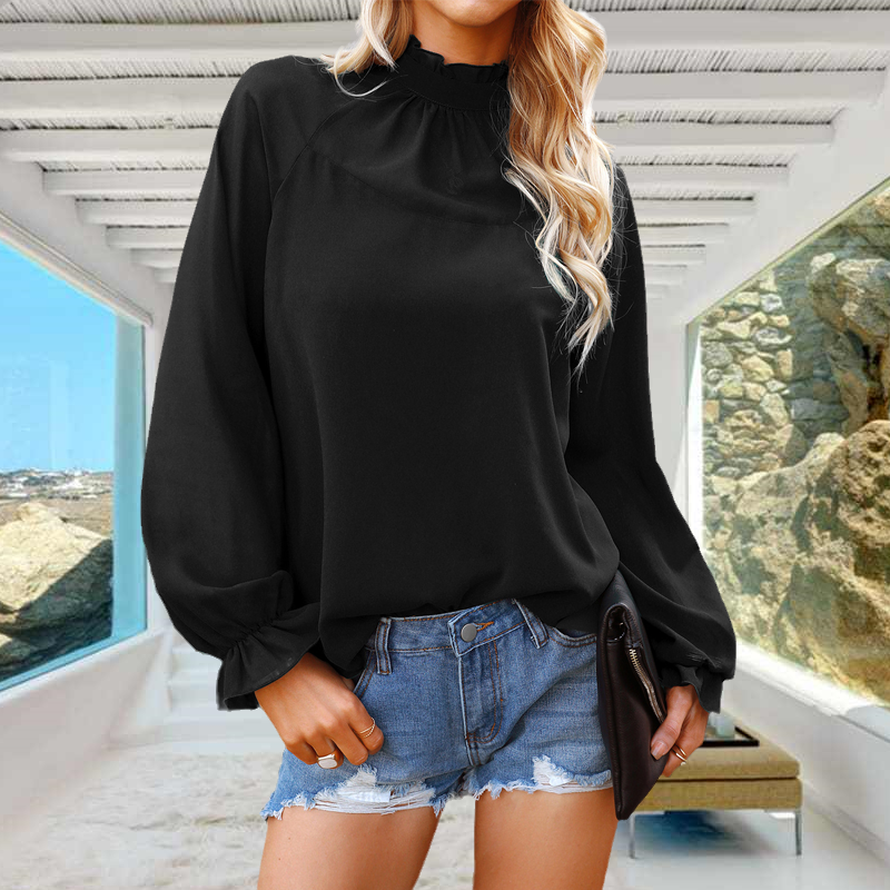 Ladies Chiffon Solid Color Loose Long Sleeve T-Shirt