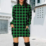 Printed Plaid Midi Pocket Hooded Long Sleeve Sweatshirt
