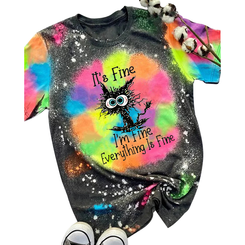 Everything Is Fine Funny Cat Graphic Casual T-Shirt