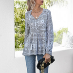 Women's Long-sleeved Printed V-neck Fringed Shirt
