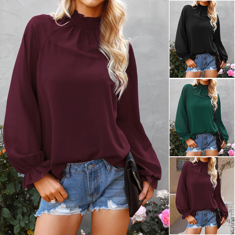 Ladies Chiffon Solid Color Loose Long Sleeve T-Shirt